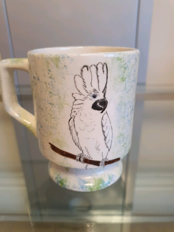 3 handpainted parrot mugs