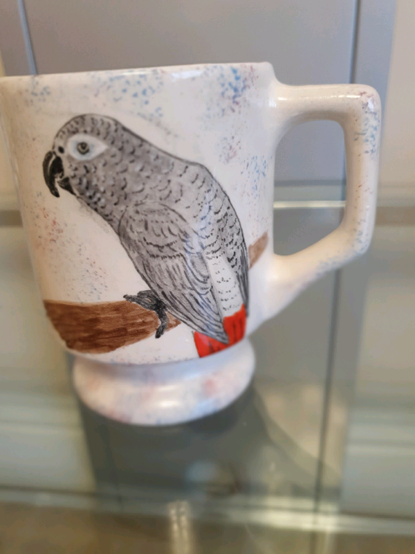 3 handpainted parrot mugs