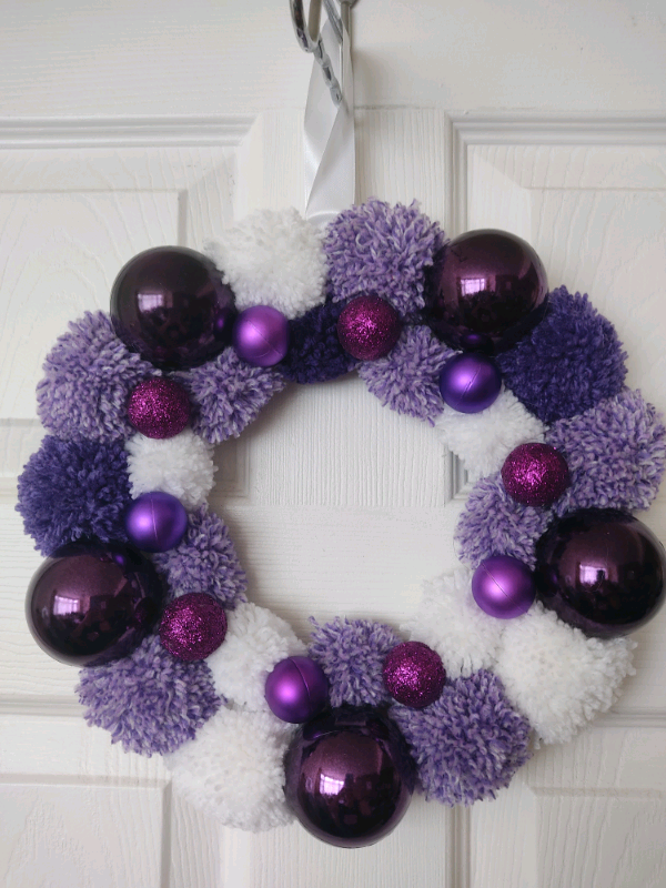 handmade purple and white Christmas wreath decor
