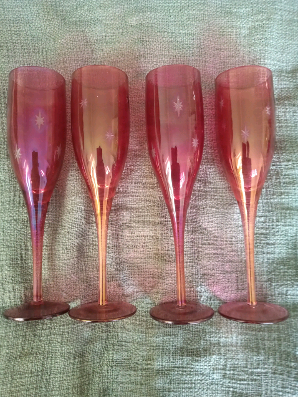 image for FOUR Red cut glass Champagne Flutes