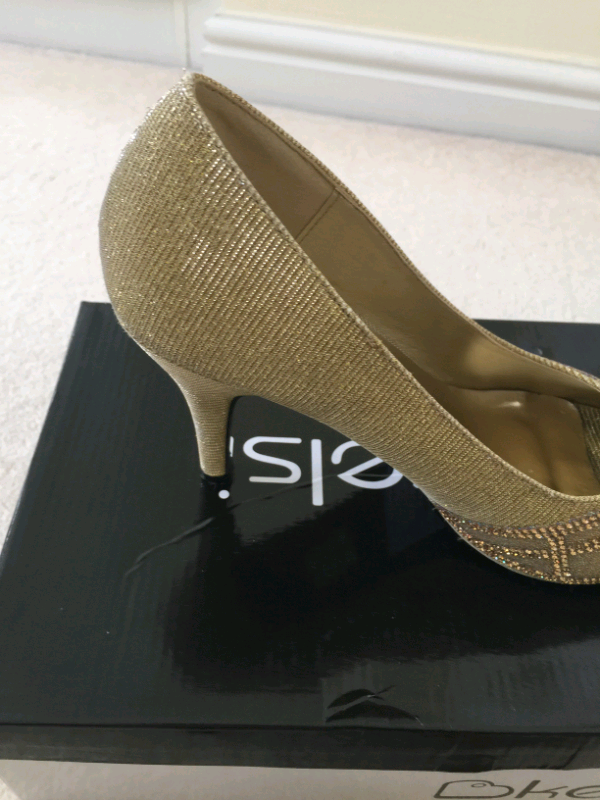 Ladies Gold Sparkly Diamante Open Toe, High Heel Party Shoes. Asian Si