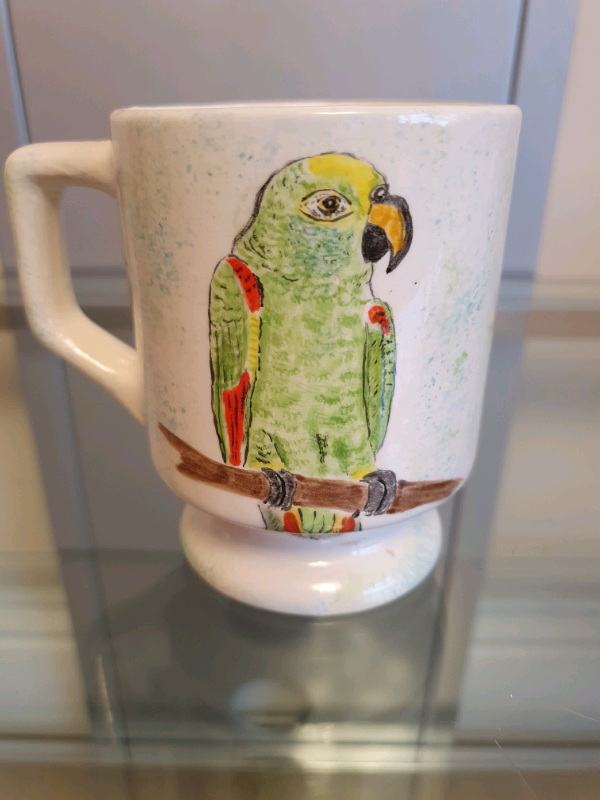 3 handpainted parrot mugs