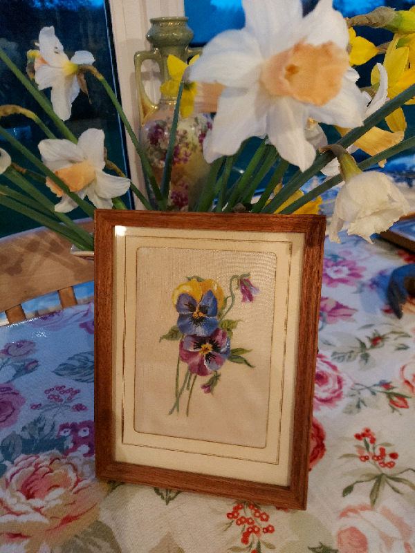 image for Pretty vintage painting of Pansies on Silk.