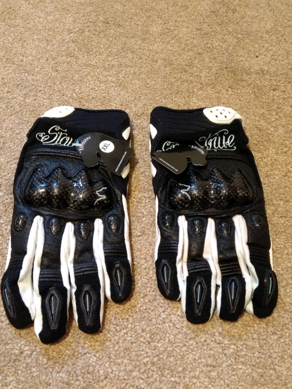 image for Black and white Motor bike gloves with carbon fibre knuckle protector