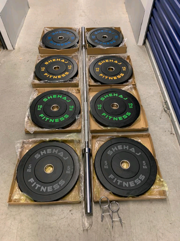 image for BRAND NEW 100kg Bumper plates + 7ft 20kg Barbell Set Olympic 2” 