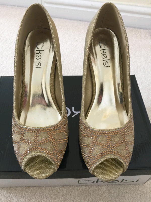Ladies Gold Sparkly Diamante Open Toe, High Heel Party Shoes. Asian Si