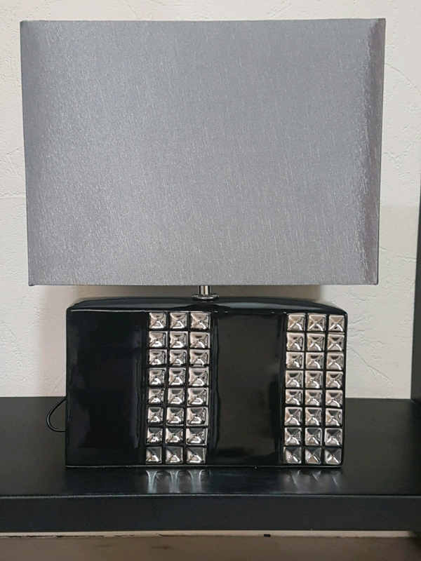 Black / Silver Ceramic Table Lamp With faux Silk white Shade