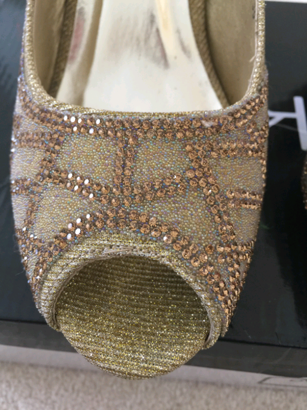 Ladies Gold Sparkly Diamante Open Toe, High Heel Party Shoes. Asian Si