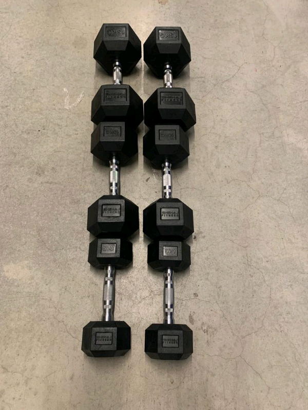 New- 2x15kg , 2x10kg and 2x5kg rubber hex dumbbells