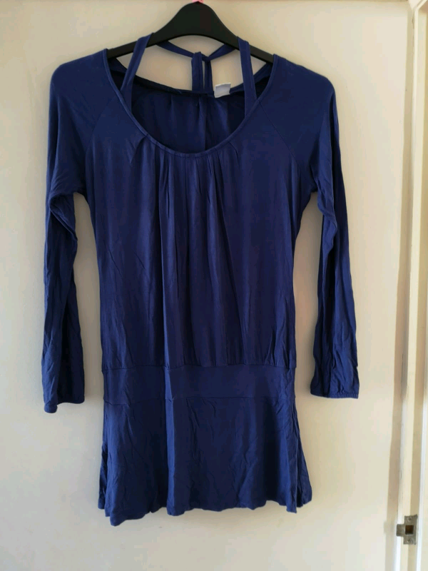 image for New La Redoute Long Sleeved Blue Cotton Top With Halter Tie Neck 