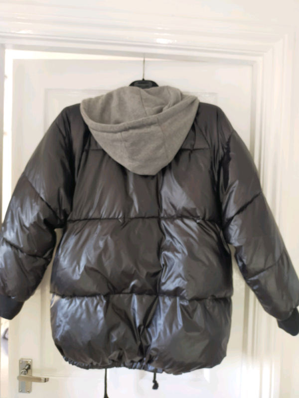  Top shop black hooded wet look puffer jacket, like new size 12