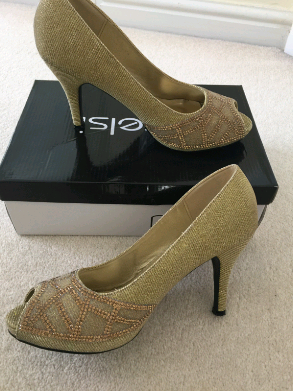 image for Ladies Gold Sparkly Diamante Open Toe, High Heel Party Shoes. Asian Si