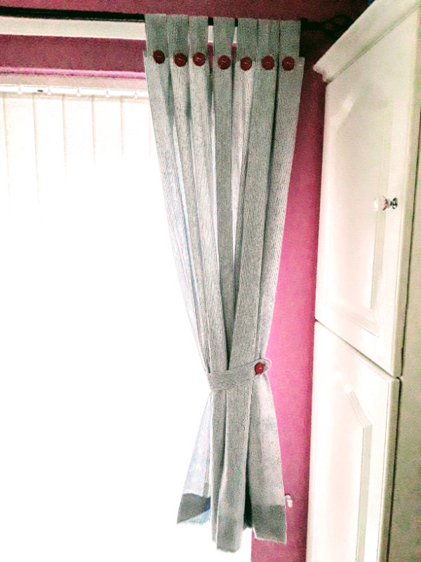 image for Tab Top Curtains  54 inch wide x 55 inch drop blue/white thin stripe red button