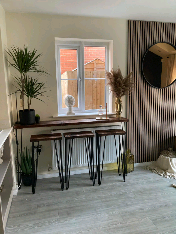 Rustic Breakfast Bar, with Steel Hairpin Legs & Two Stools 