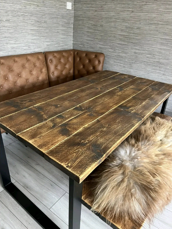 Rustic Dining Table (One Bench), with Industrial Steel Black Box Legs)