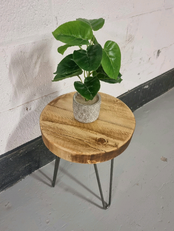 image for Chunky Round Rustic Side Table, with Steel Hairpin Legs