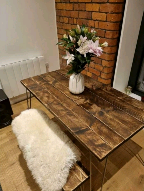 Rustic Dining Table (with One, or Two Benches) & Steel Hairpin Legs