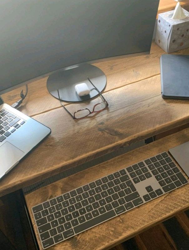 Rustic Desk, with Retractable Keyboard Shelf & Raw Steel Legs