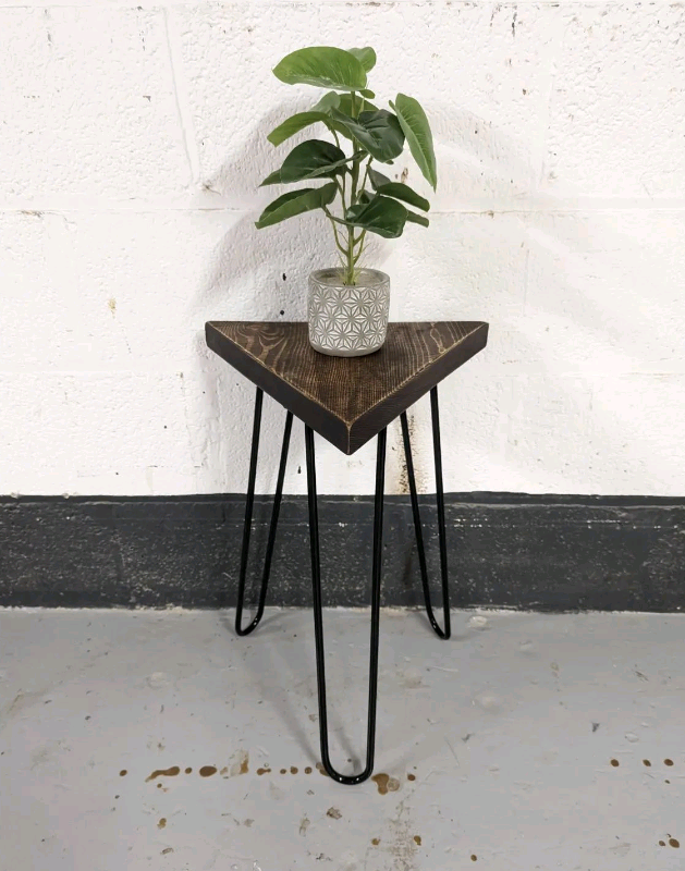 Triangular Rustic Plant Stand/ End Tables, with Steel Hairpin Legs 