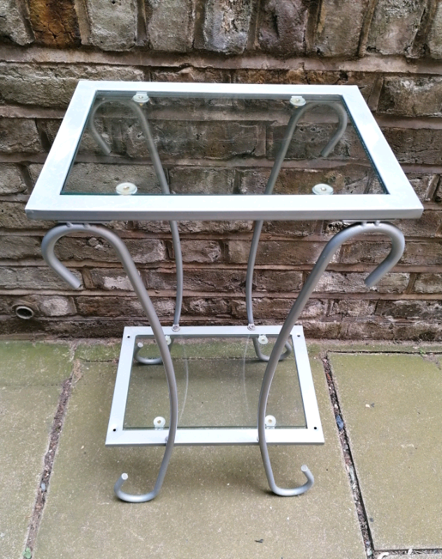 image for SILVER GLASS TOP ACCESSORY TABLE Home Bedroom Bathroom Conservatory 