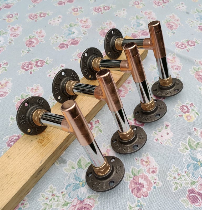 Industrial Designed '90 Degree' Chrome & Copper Pipe Shelf Brackets