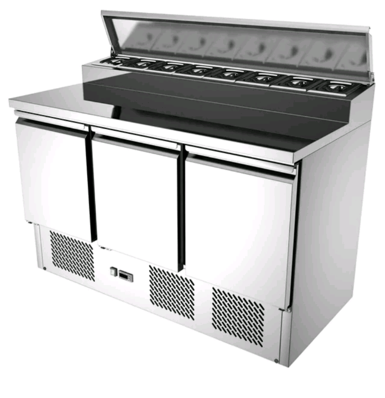 New 3 door Pizza prep counter topping saladette fridge 8 x pans in