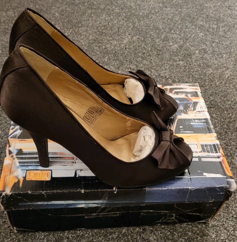 image for Boxed Dark Brown Satin Peep-Toe Court Shoes- Size 5 (38)