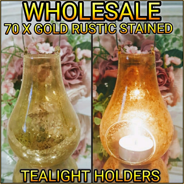 image for Wholesale 70 Gold Glass Hanging Candle Tealight Holders Rustic Stained