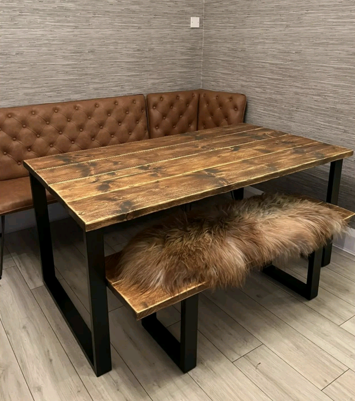 Rustic Dining Table (One Bench), with Industrial Steel Black Box Legs)