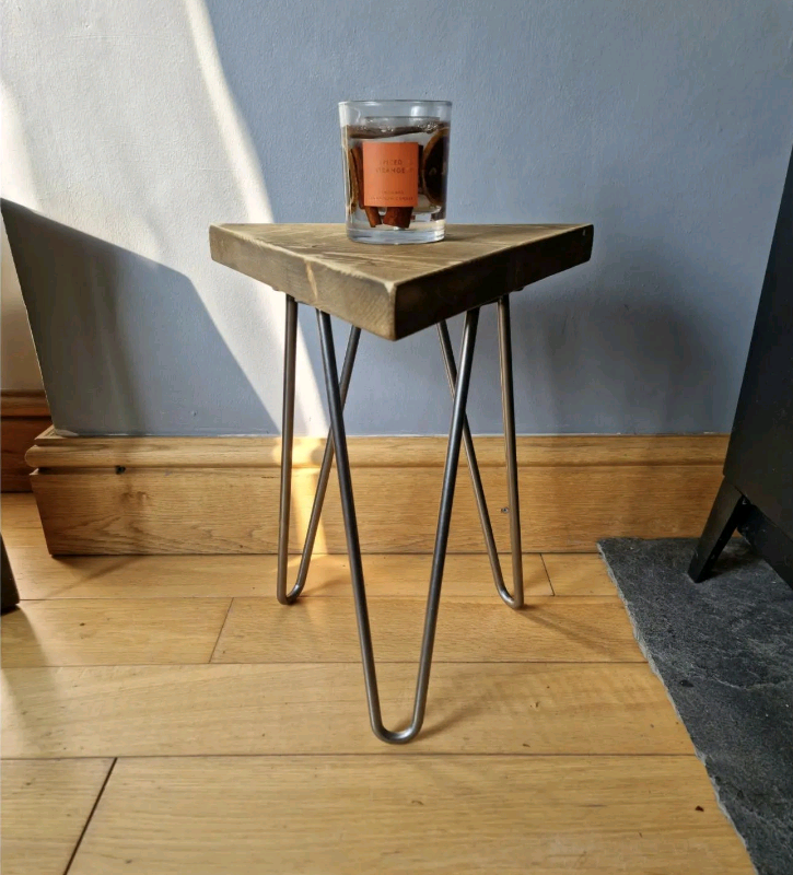 Triangular Rustic Plant Stand/ End Tables, with Steel Hairpin Legs 