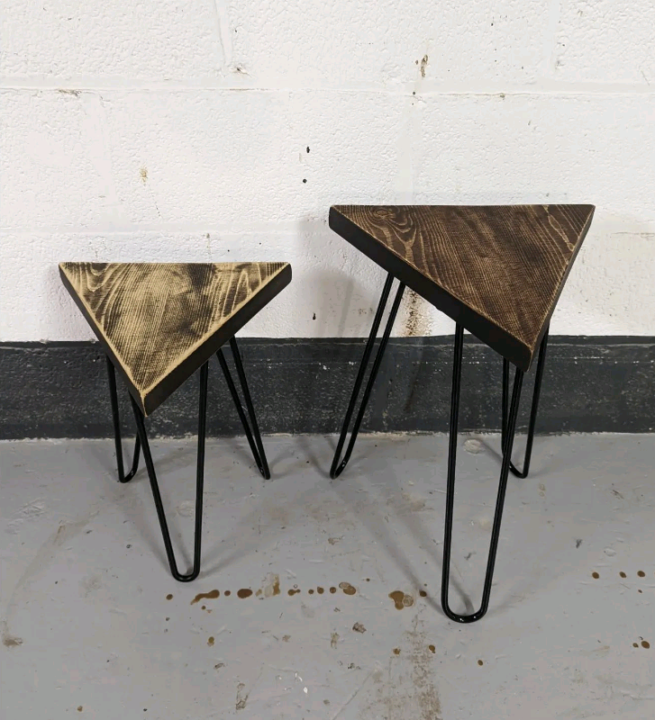 Triangular Rustic Plant Stand/ End Tables, with Steel Hairpin Legs 