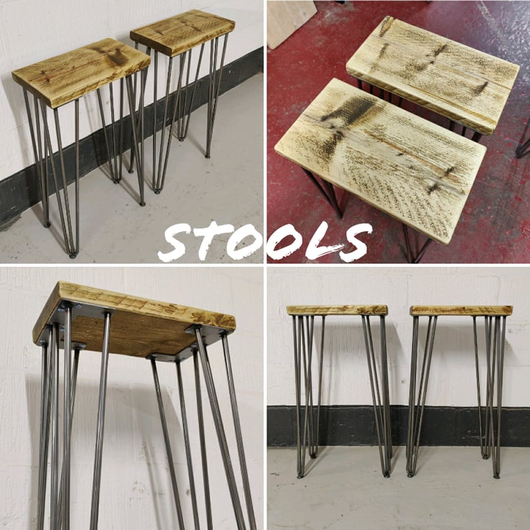 Rustic Breakfast Bar, with Steel Hairpin Legs & Two Stools 