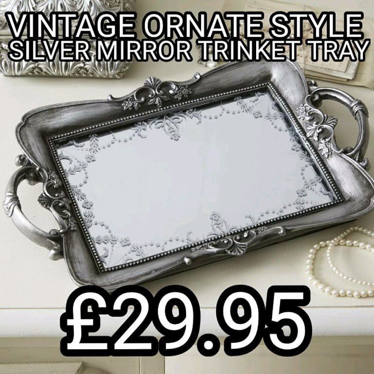 image for Luxury Ornate Vintage Silver Shabby Chic Silver Trinket Tray Home Décor
