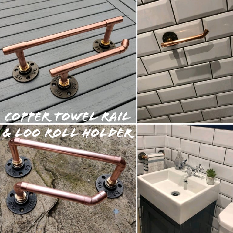 image for Copper Pipe Towel Rail & Loo Roll Holder Set