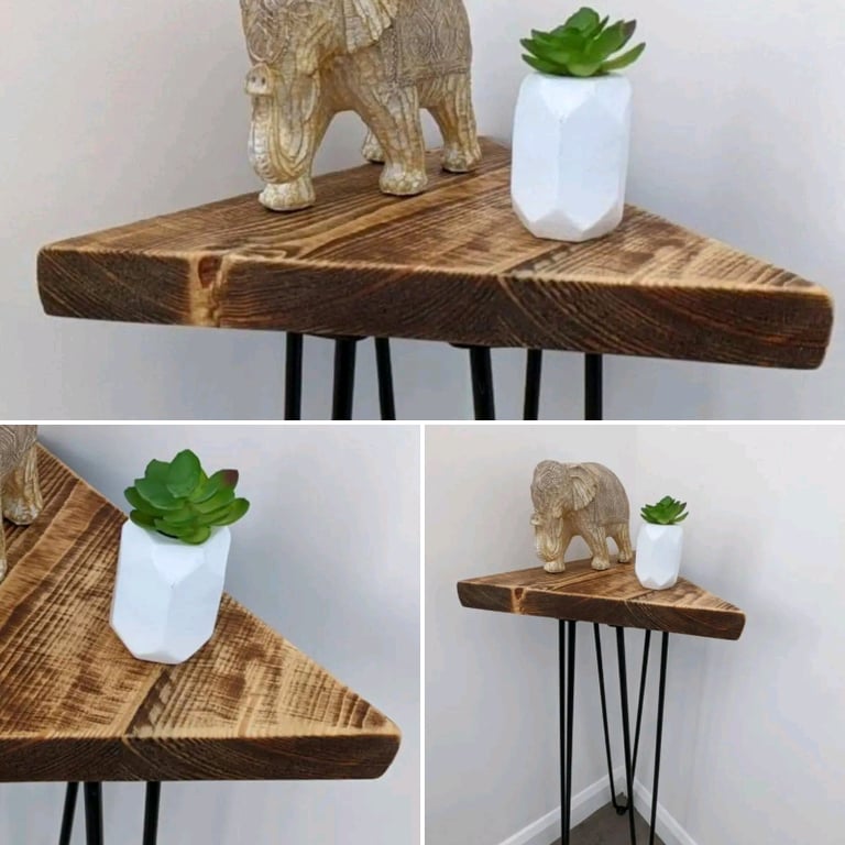 Triangular Rustic Plant Stand/ End Tables, with Steel Hairpin Legs 