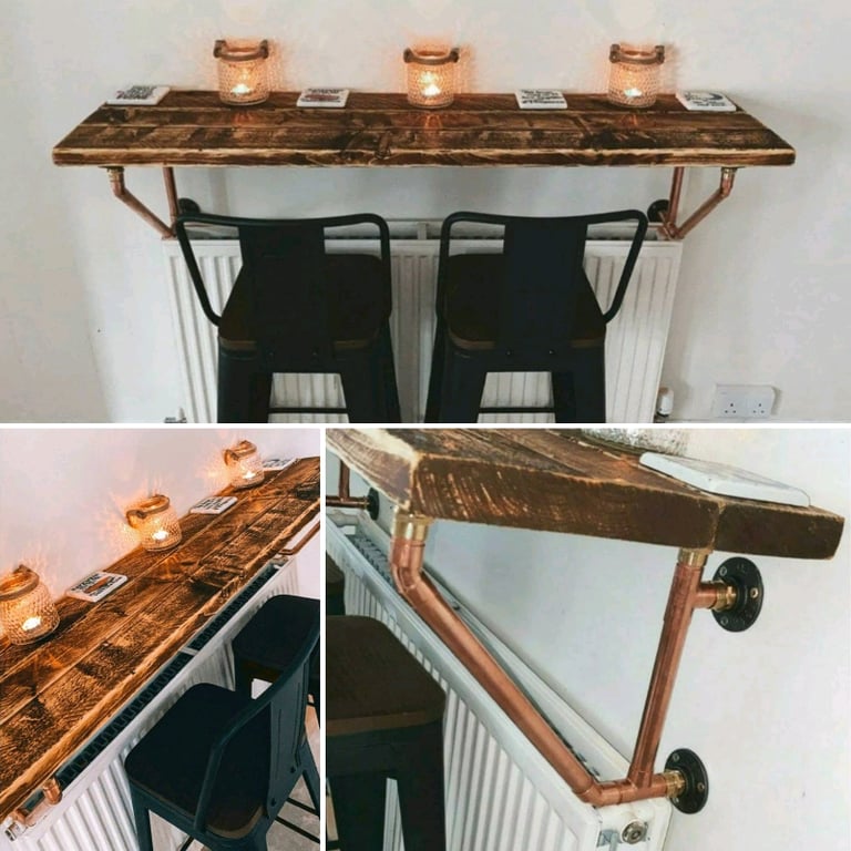 image for Rustic Wall Mounted Breakfast Bar, supported by Copper Pipe Brackets 