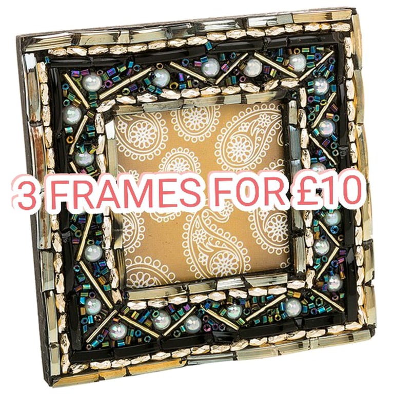 image for Set of 3 Beaded Peacock Colours Small 2&quot; X 2&quot; Photo Frames New Boxed