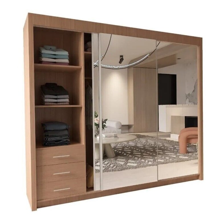 50% Half Price -Brand New Stunning Quality 3/2 Doors Sliding Wardrobe with Mirrors Shelves Rails