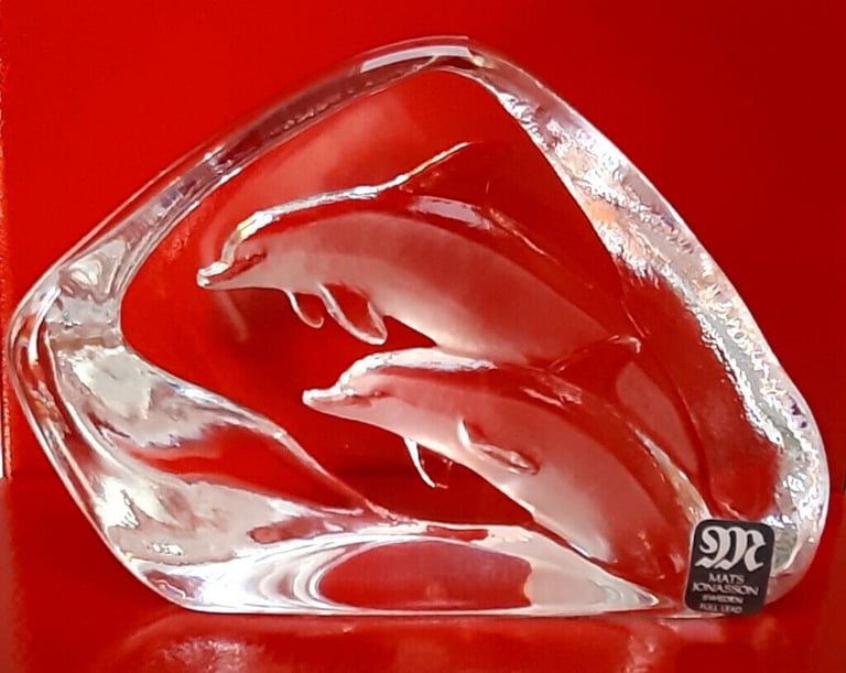 image for Stunning MATS JONASSON Swedish art glass DOLPHINS paperweight