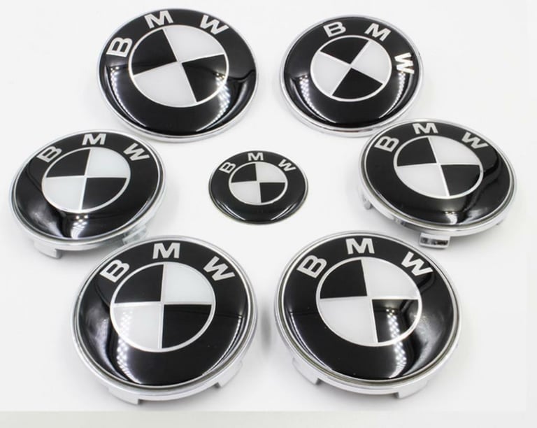 image for Bmw Badge Set Center Caps Bonnet Badge Boot Badge Steering 7 Piece set Black white 