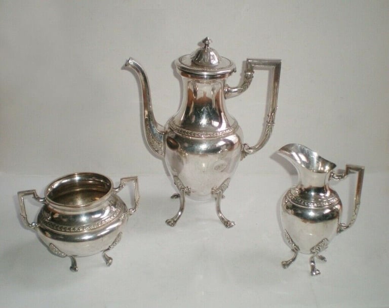 image for WMF antique set: teapot or coffee pot, sugar bowl, milk jug, silver plated, 1900 ...