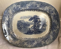 ceramic platter no. 67, Antique, Blue & White, Country scene, size 18'' x15&quot;