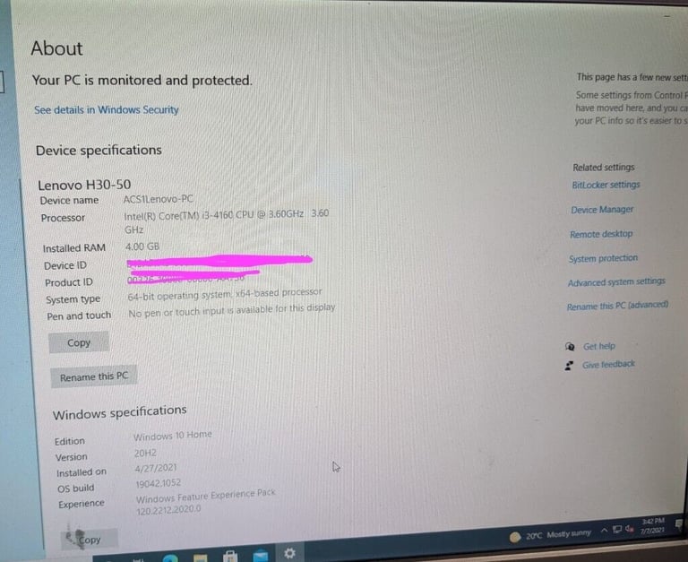 Lenovo  4GB 1TB DVDRW Windows 10 SFF Desktop & 19 Inch LCD Monitor, Keyboard & Mouse 