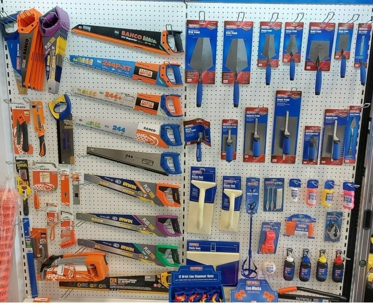 Hand Saw, Float Trowel, brick line, chalk block, pins, level, light, battery, trestle, tape measure