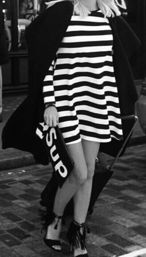 image for Ladies,Celeb inspired monochrome Black & White Stripe Women's Swing dress (S/M)