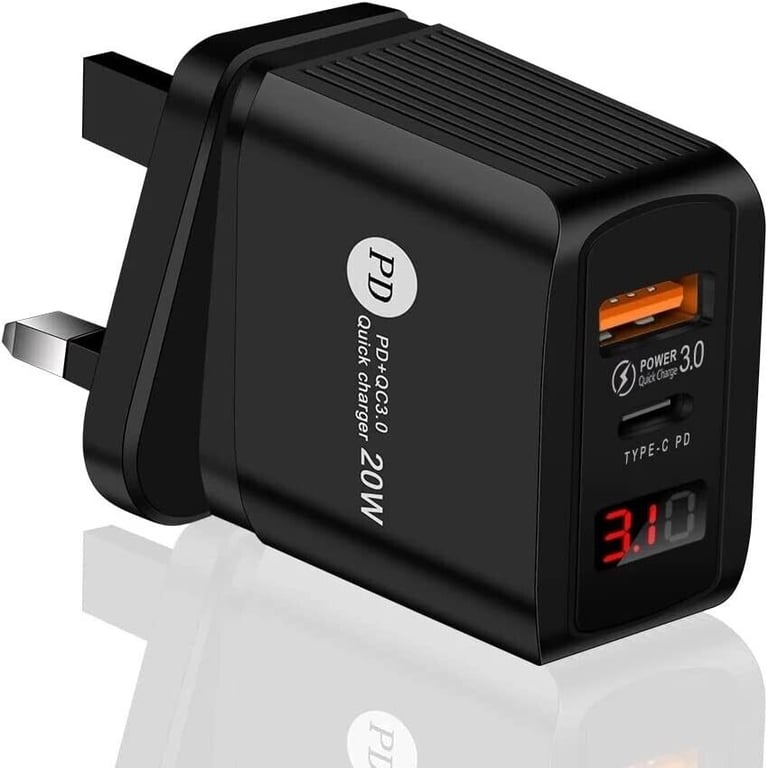 2-in-1 USB Type C PD20W Plug UK Mains Charger LED Digital Display for phone ipad tablet