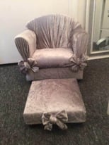 Ice silver crushed velvet childs chair with foot stool 