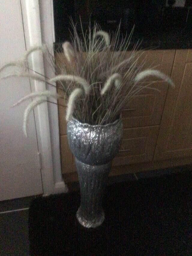 image for Sparkly silver floor standing jardiniere with plant 20”