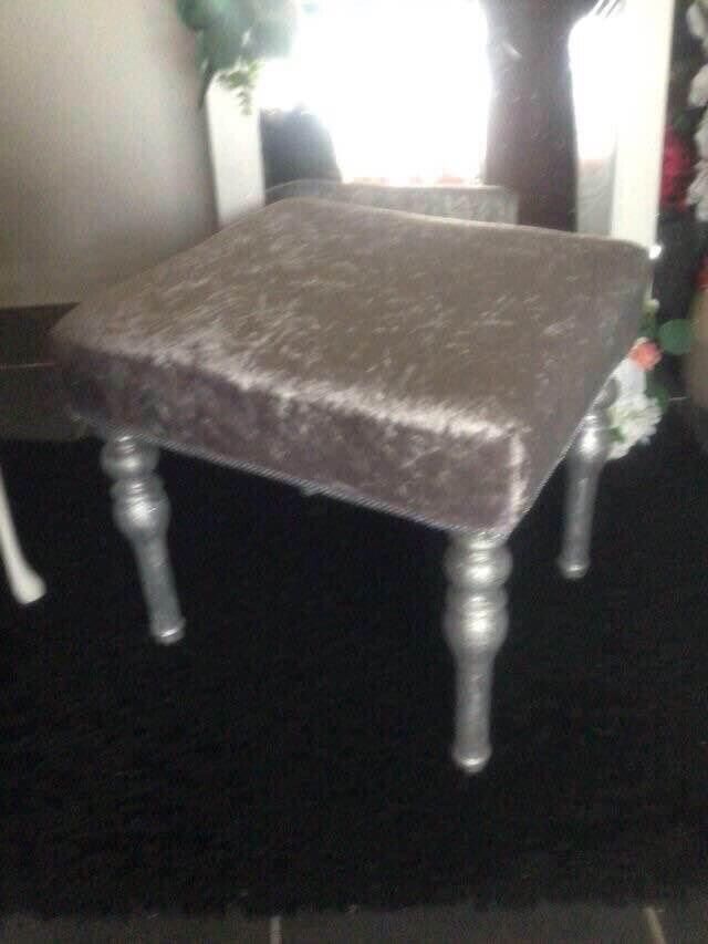 Large silver glittery crushed velvet covered stool 