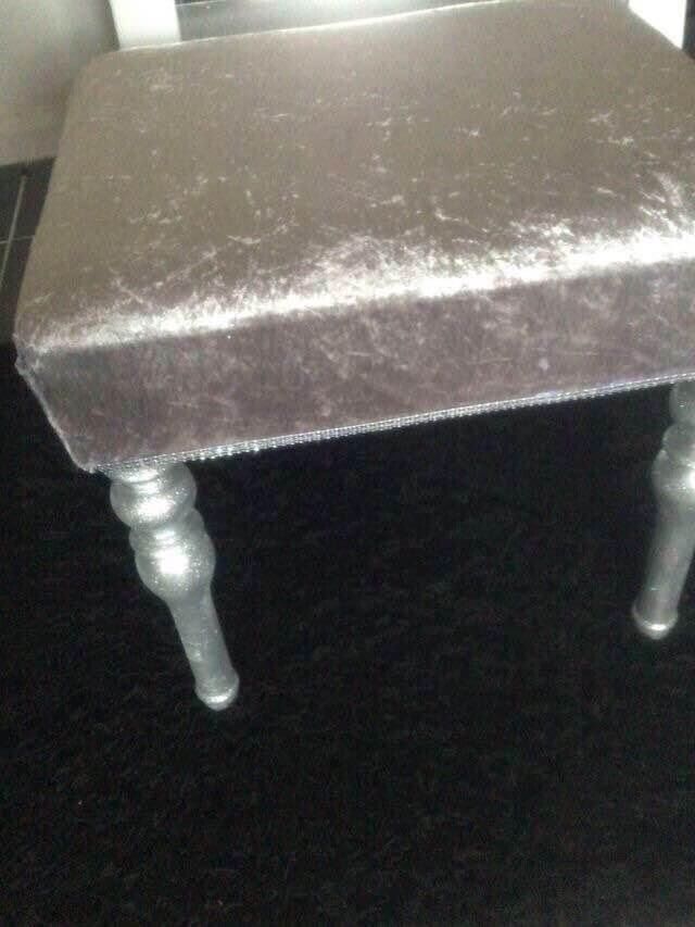 Large silver glittery crushed velvet covered stool 